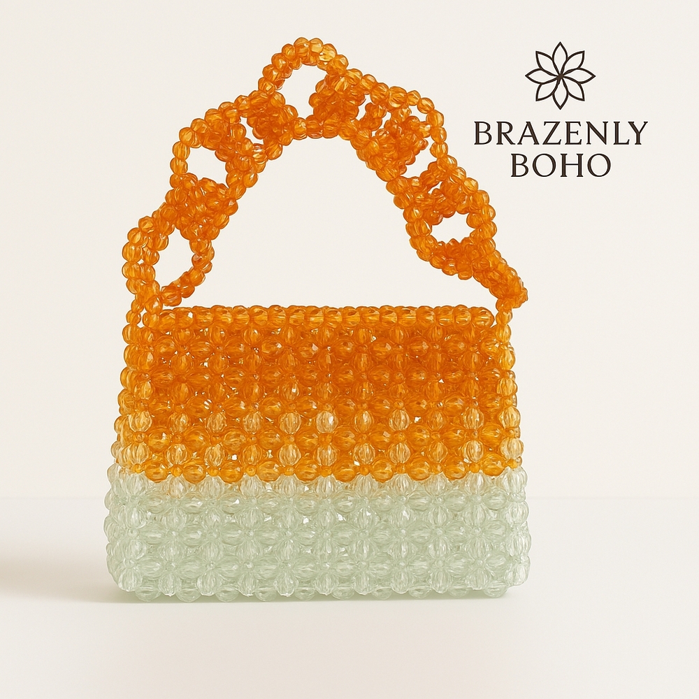 Handmade Two-Tone Beaded Shoulder Bag – Orange & Clear – Unique Statement Piece